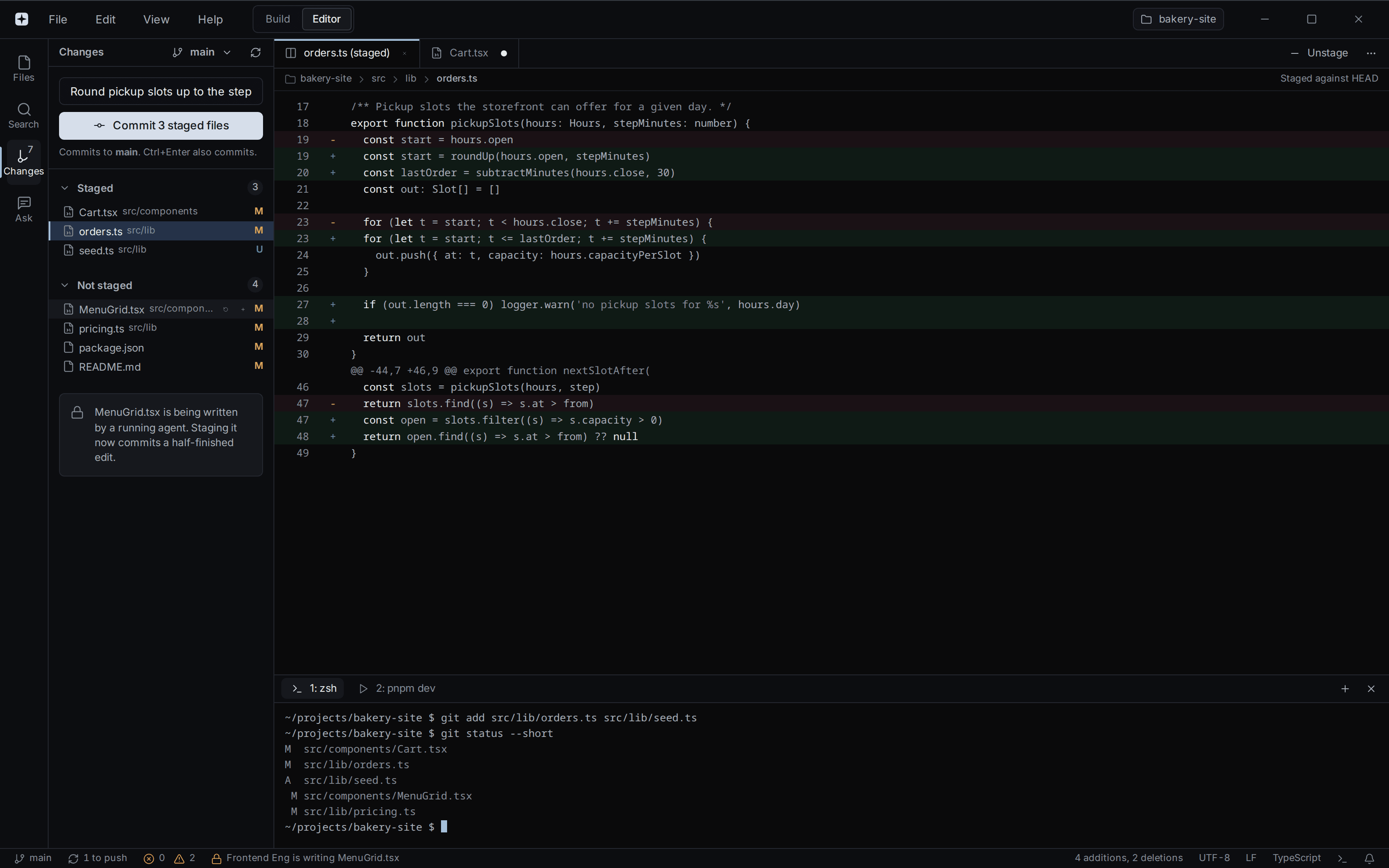 Exova's source control view on an ordinary Git working tree: staged and unstaged files with their status letters, a commit message box, a button to commit the staged files, the branch name and a pending push in the status bar, and the matching git status output in the terminal below.