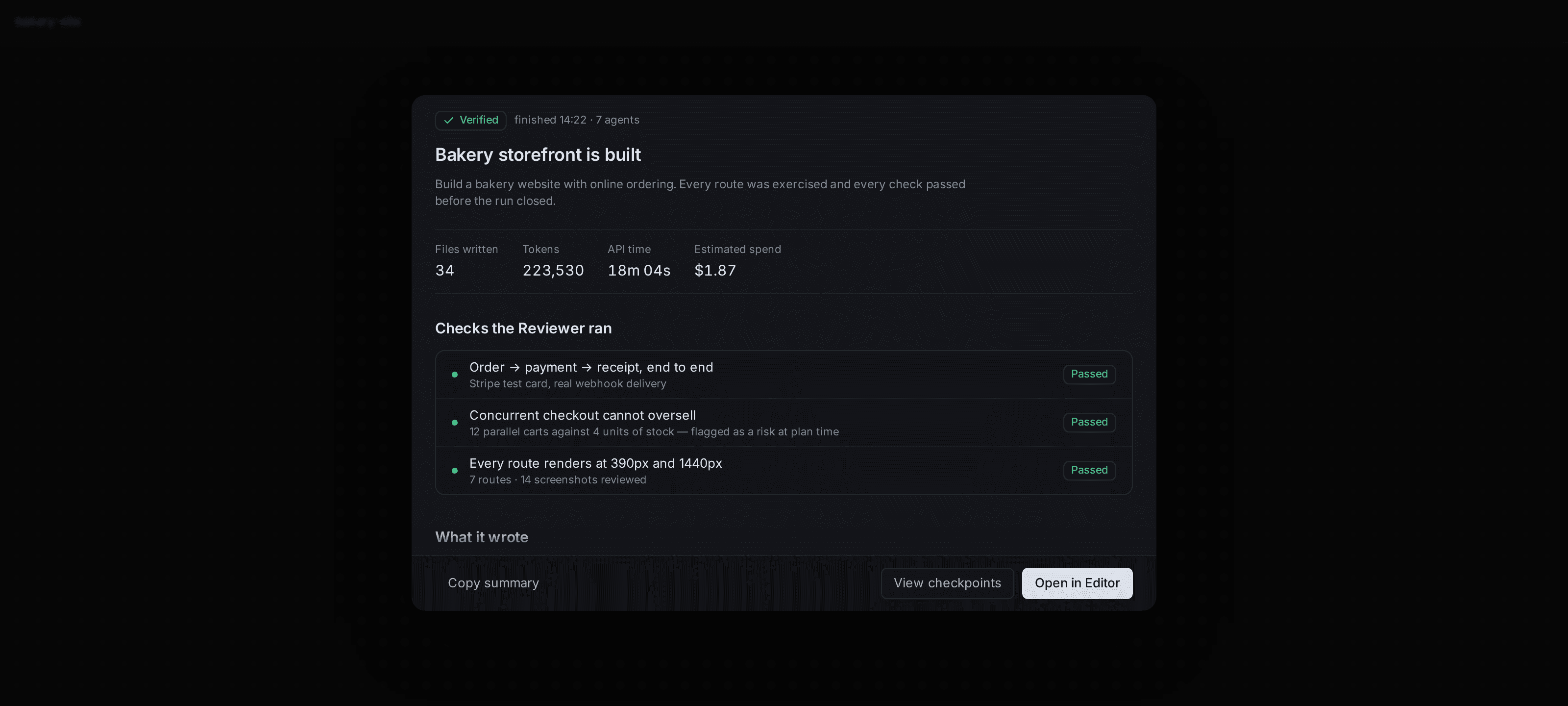 The Exova mission report: a run marked verified and finished, with counts for files written, tokens, API time and estimated spend, followed by the list of checks the Reviewer ran and the result of each one.