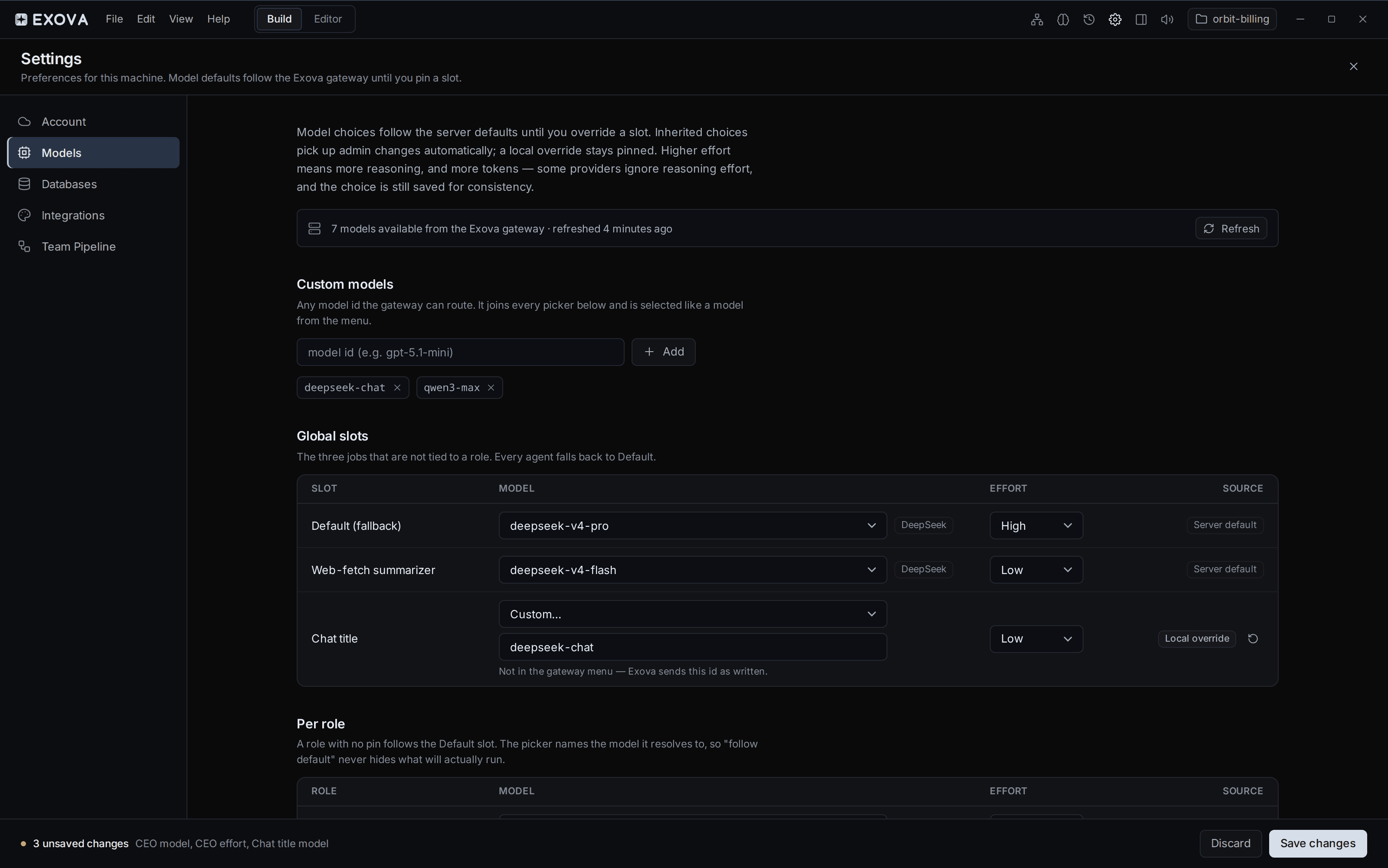 Exova's model settings, reporting the models the Exova gateway can route to. Each job and each role lists the model it resolves to and its reasoning effort, marked either as the server default it inherits or as a local override.
